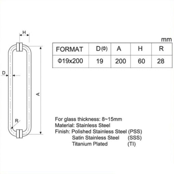 Ручка для скляних дверей Розмір: 19x200
